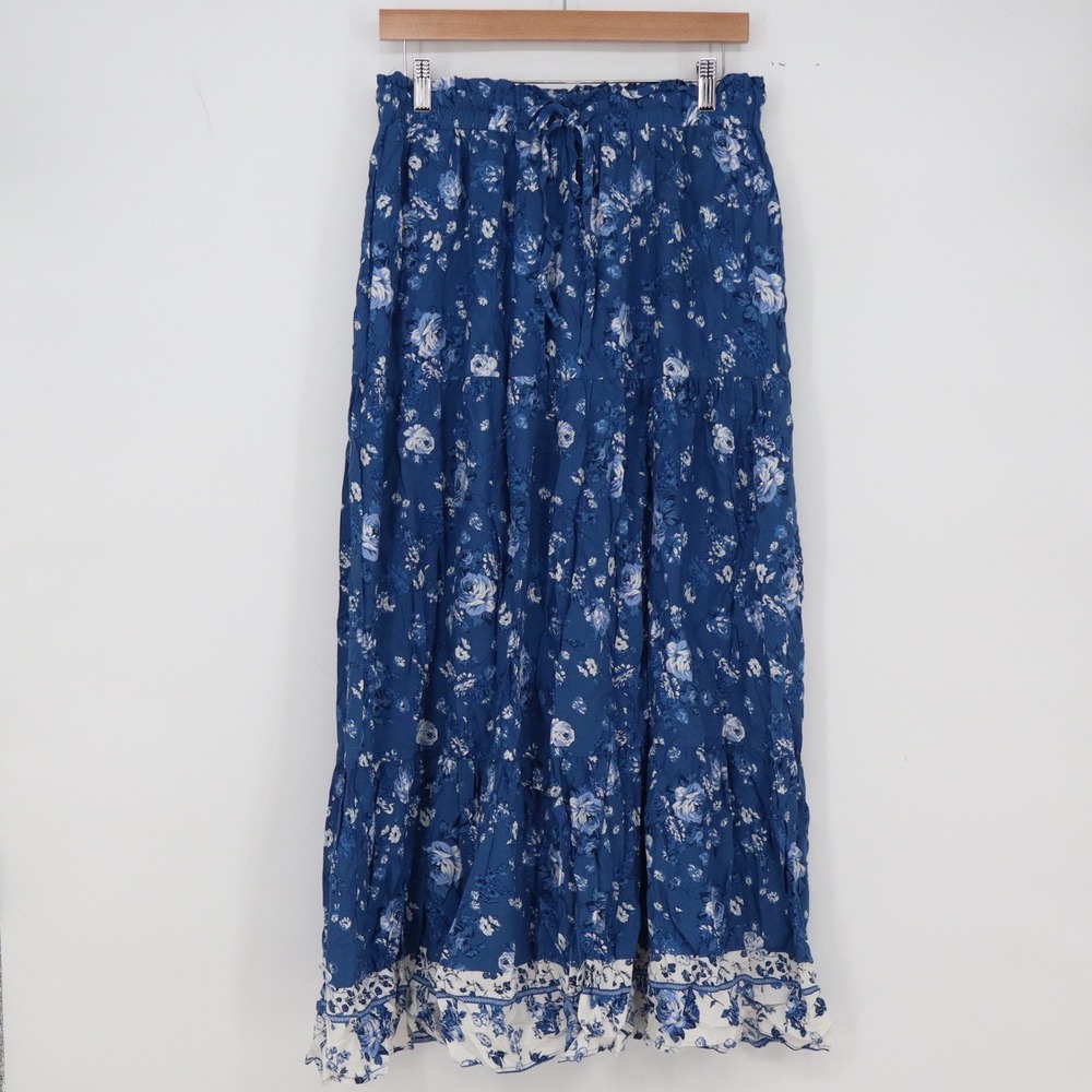 ZESICA Maxi Skirt Womens L Floral Tiered Blue Boho Relaxed Excellent
